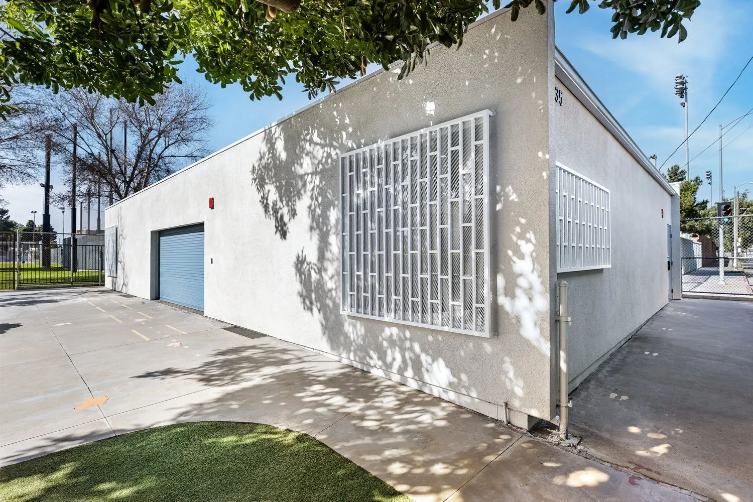 Exterior of a structure with an overhead door