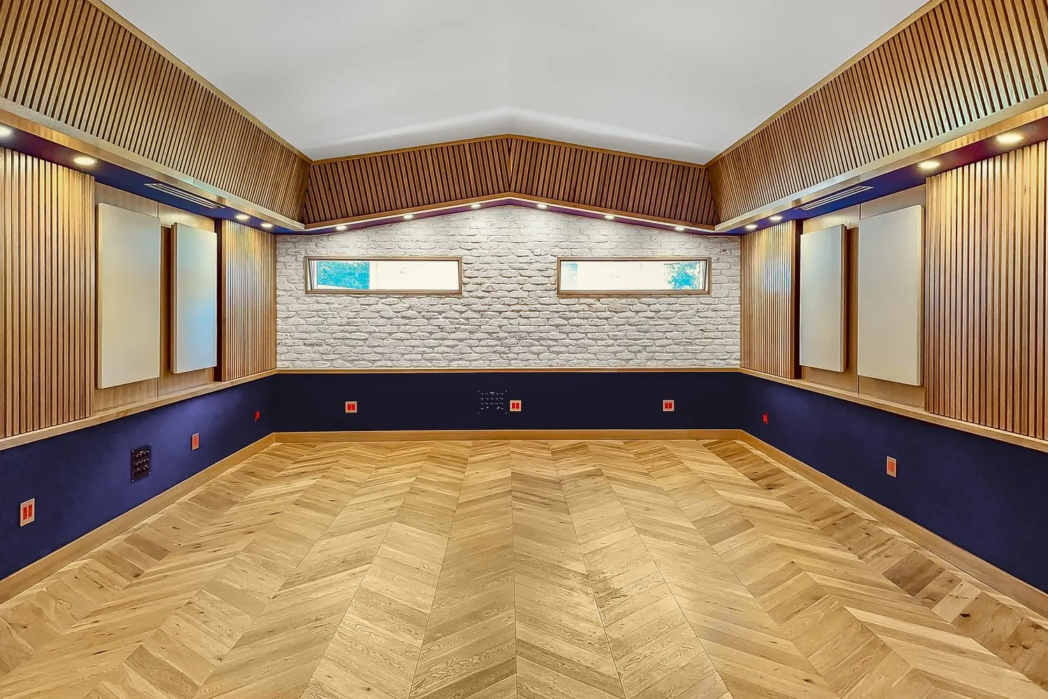 Live room with wood slat walls